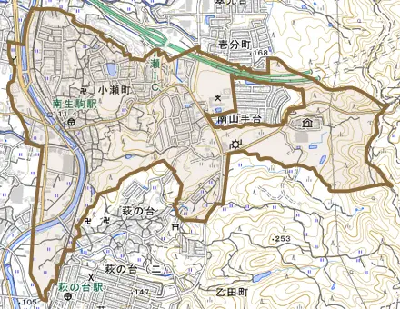 小瀬町とその周辺の地図。町の範囲を重ねている