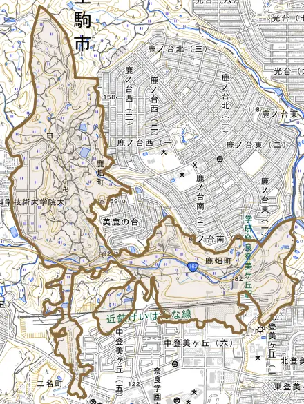 鹿畑町とその周辺の地図。町の範囲を重ねている