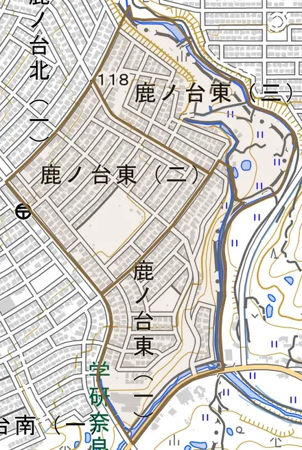 鹿ノ台東とその周辺の地図。町の範囲を重ねている