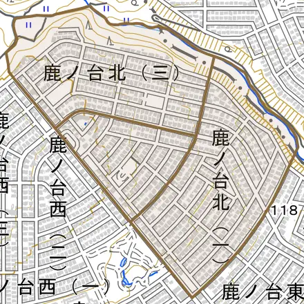 鹿ノ台北とその周辺の地図。町の範囲を重ねている