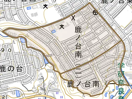 鹿ノ台南とその周辺の地図。町の範囲を重ねている