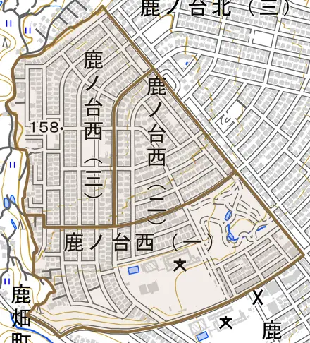 鹿ノ台西とその周辺の地図。町の範囲を重ねている