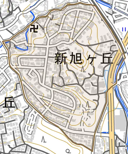 新旭ケ丘とその周辺の地図。町の範囲を重ねている