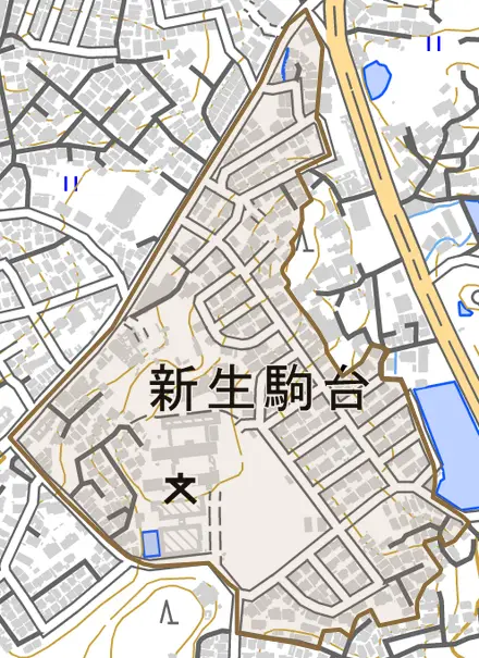新生駒台とその周辺の地図。町の範囲を重ねている