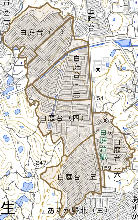 白庭台とその周辺の地図。町の範囲を重ねている