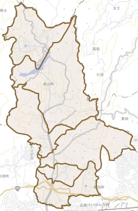 高山町とその周辺の地図。町の範囲を重ねている