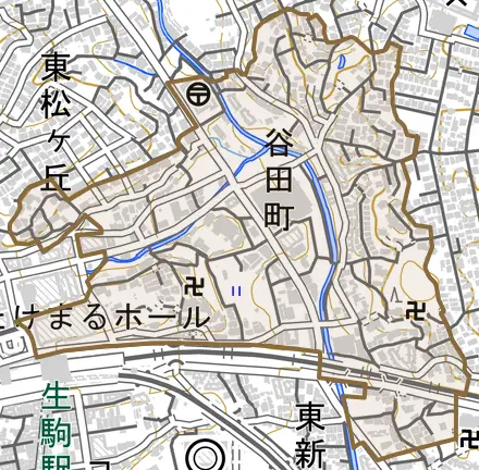 谷田町とその周辺の地図。町の範囲を重ねている
