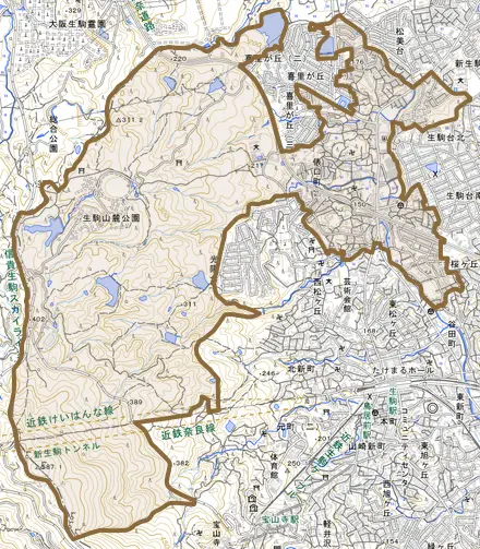 俵口町とその周辺の地図。町の範囲を重ねている