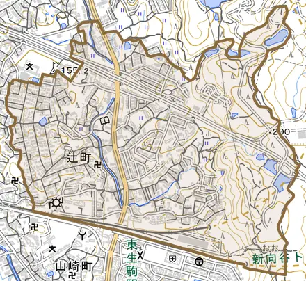 辻町とその周辺の地図。町の範囲を重ねている