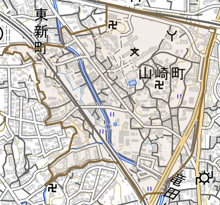 山崎町とその周辺の地図。町の範囲を重ねている