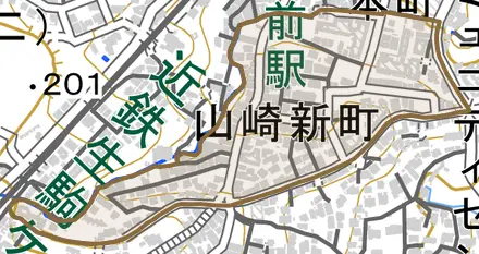 山崎新町とその周辺の地図。町の範囲を重ねている