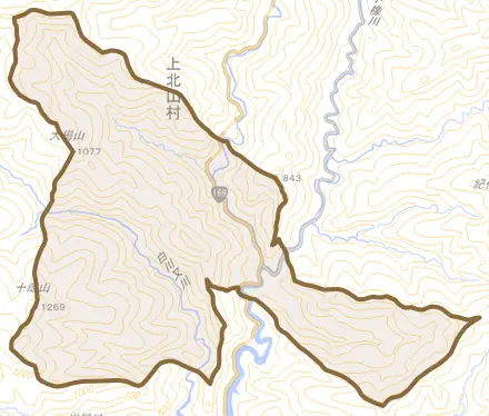 大字河合とその周辺の地図。町の範囲を重ねている