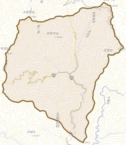大字西原とその周辺の地図。町の範囲を重ねている