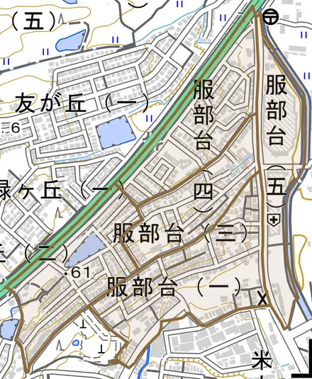 服部台とその周辺の地図。町の範囲を重ねている