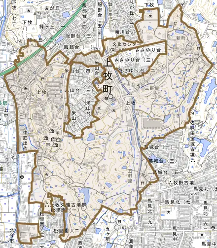 大字上牧とその周辺の地図。町の範囲を重ねている
