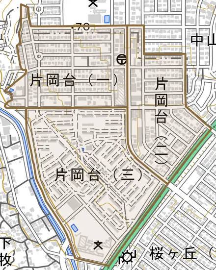 片岡台とその周辺の地図。町の範囲を重ねている
