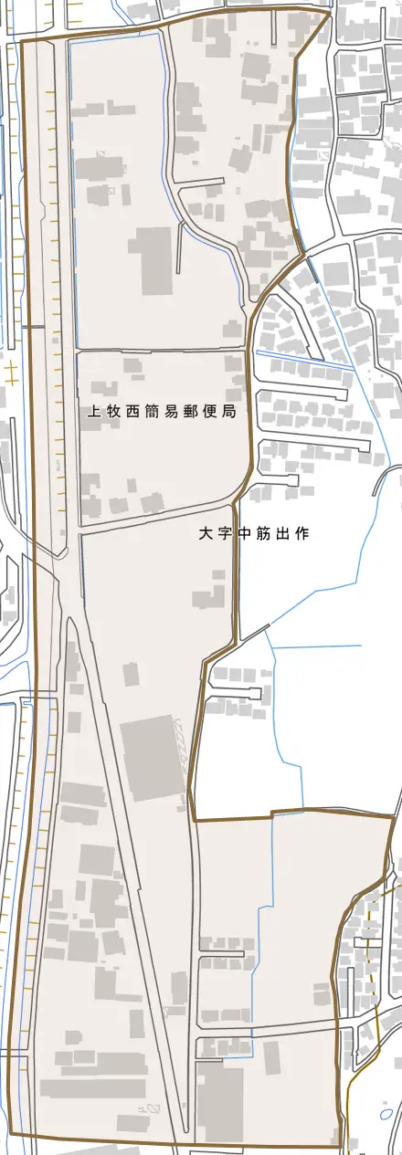 大字中筋出作とその周辺の地図。町の範囲を重ねている