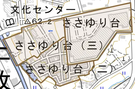 ささゆり台とその周辺の地図。町の範囲を重ねている