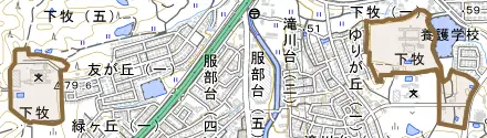 大字下牧とその周辺の地図。町の範囲を重ねている
