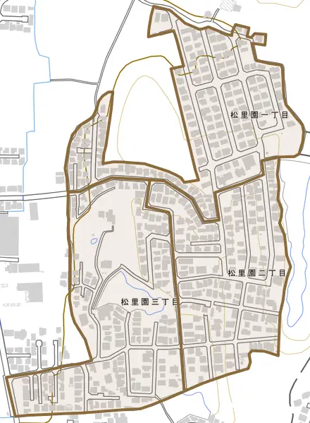 松里園とその周辺の地図。町の範囲を重ねている