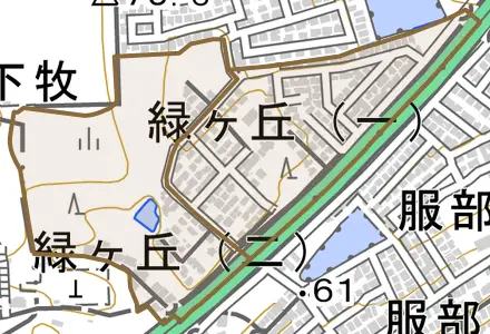 緑ヶ丘とその周辺の地図。町の範囲を重ねている