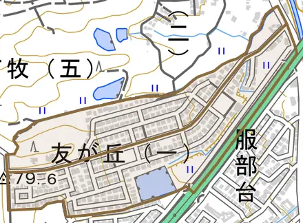 友が丘とその周辺の地図。町の範囲を重ねている