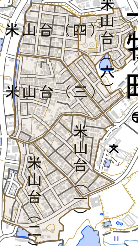 米山台とその周辺の地図。町の範囲を重ねている