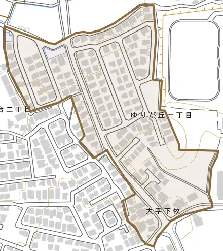 ゆりが丘とその周辺の地図。町の範囲を重ねている