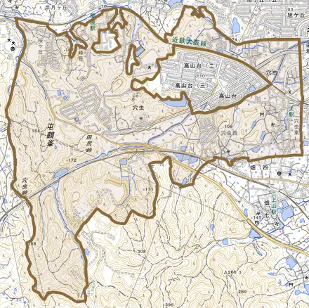 穴虫とその周辺の地図。町の範囲を重ねている