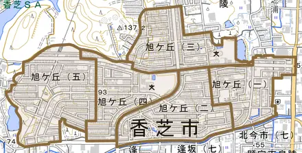 旭ケ丘とその周辺の地図。町の範囲を重ねている