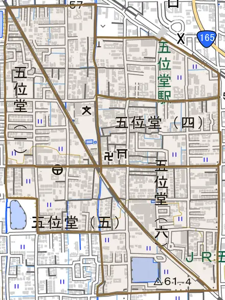 五位堂とその周辺の地図。町の範囲を重ねている