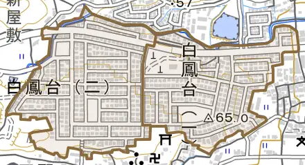 白鳳台とその周辺の地図。町の範囲を重ねている