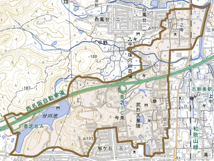 今泉とその周辺の地図。町の範囲を重ねている