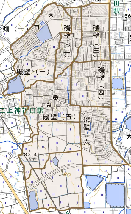 磯壁とその周辺の地図。町の範囲を重ねている