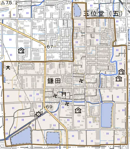 鎌田とその周辺の地図。町の範囲を重ねている