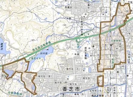 上中とその周辺の地図。町の範囲を重ねている