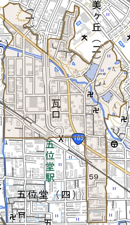 瓦口とその周辺の地図。町の範囲を重ねている