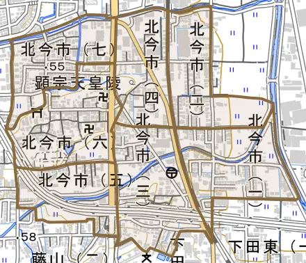 北今市とその周辺の地図。町の範囲を重ねている