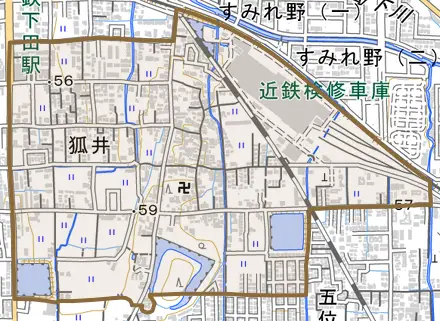 狐井とその周辺の地図。町の範囲を重ねている