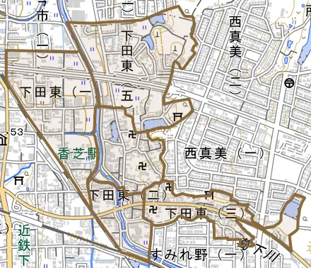 下田東とその周辺の地図。町の範囲を重ねている