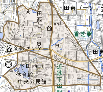 下田西とその周辺の地図。町の範囲を重ねている