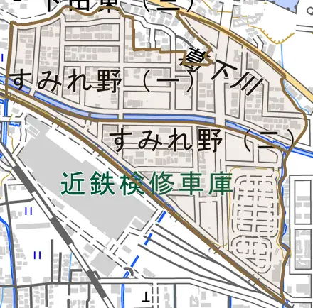 すみれ野とその周辺の地図。町の範囲を重ねている