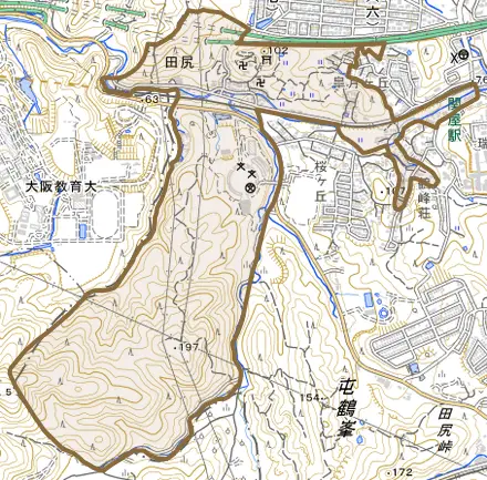 田尻とその周辺の地図。町の範囲を重ねている