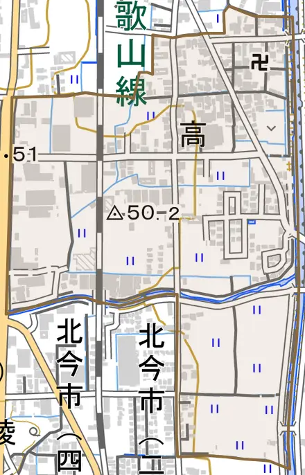 高とその周辺の地図。町の範囲を重ねている