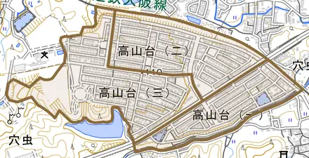 高山台とその周辺の地図。町の範囲を重ねている