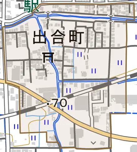 出合町とその周辺の地図。町の範囲を重ねている