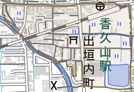 出垣内町とその周辺の地図。町の範囲を重ねている