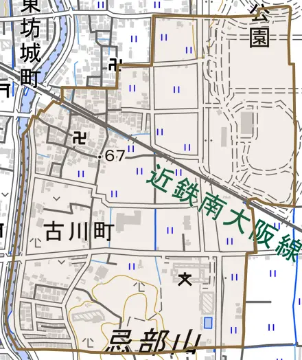 古川町とその周辺の地図。町の範囲を重ねている