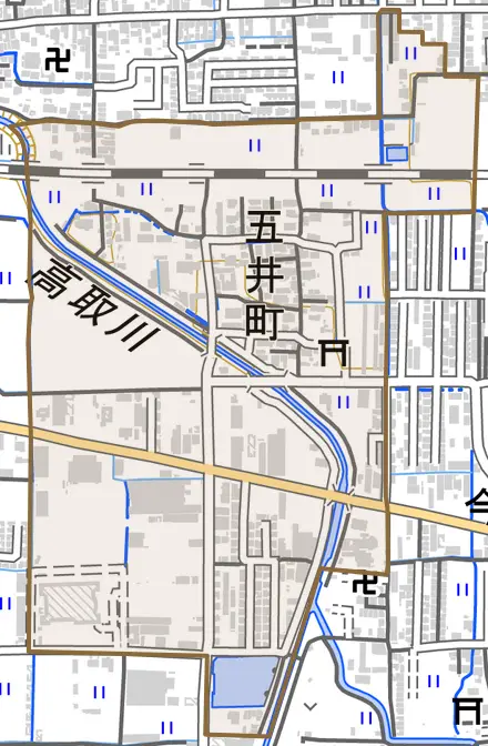 五井町とその周辺の地図。町の範囲を重ねている