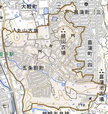 五条野町とその周辺の地図。町の範囲を重ねている